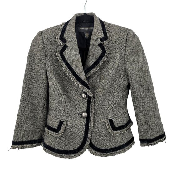Vtg Y2K Banana Republic Petite Herringbone Blazer 2P Gray Wool Velvet Academia - Picture 1 of 8